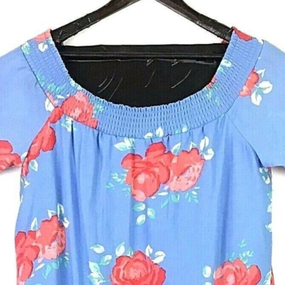 NWT Sequin Hearts XL Blue Floral Rose Blouse Roses Off Shoulder Bell Sleeves - Picture 3 of 10